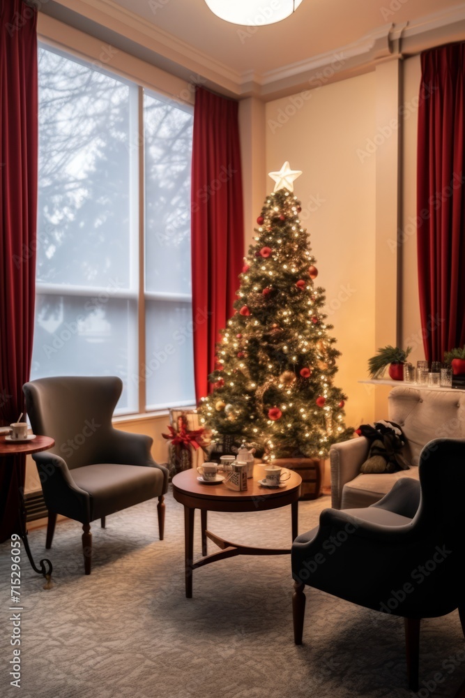 Holiday-themed office meeting room with a Christmas tree and cozy fireplace, perfect for seasonal gatherings, Generative AI Holiday-themed office meeting room with a Christmas tree and cozy fireplace, perfect for seasonal gatherings, Generative AI