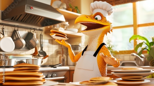 Cartoon scene of a raptor chef frantically trying to flip multiple pancakes at once with disastrous results as some end up stuck to the ceiling