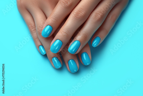 Female hands with manicure on blue background close-up.