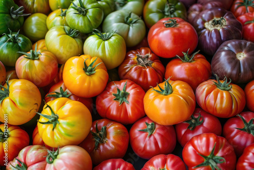 An array of heirloom tomatoes, showcasing the diverse colors, shapes and sizes