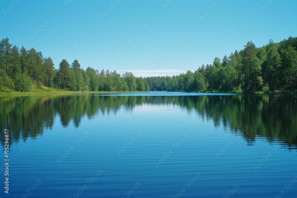 Tranquil lake reflecting a clear blue sky.