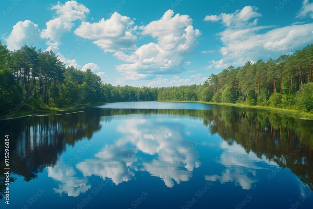 Obraz premium Tranquil lake reflecting a clear blue sky.