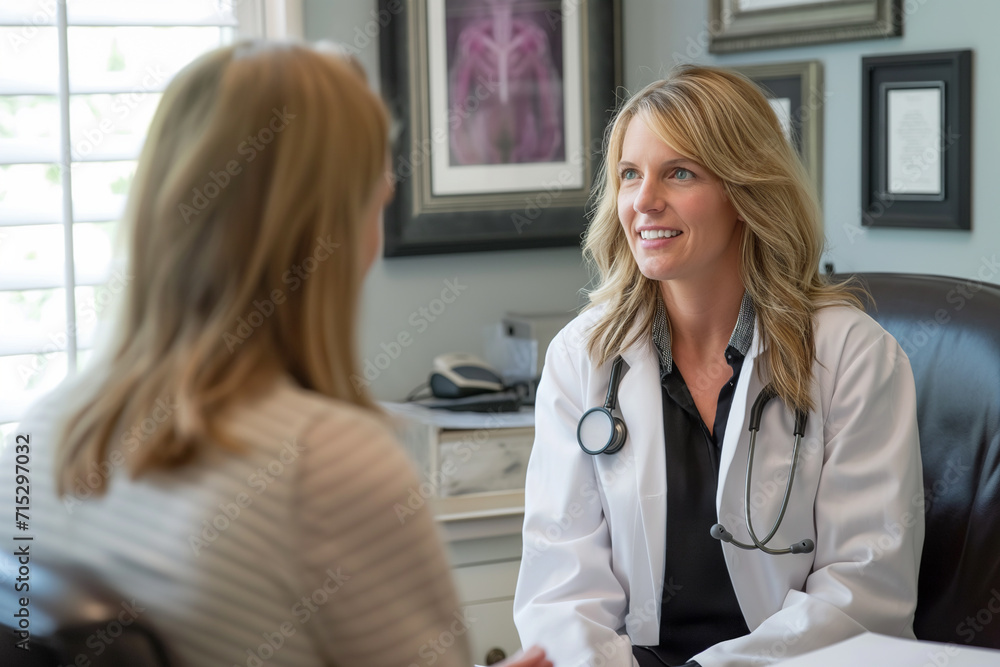 Female doctor in a white coat with a stethoscope engaged in conversation with a patient in a medical office setting Female doctor in a white coat with a stethoscope engaged in conversation with a patient in a medical office setting