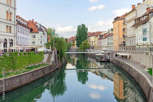 Cityscape view of the Ljubljanica river canal in the old town of Ljubljana, Slovenia