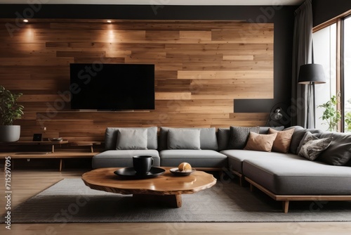Japanese interior home design of modern living room with gray sofa and wooden edge table