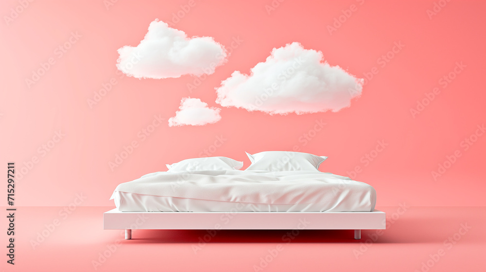 Minimalist bedroom setup with a white bed and cloud-shaped pillows on a pink background, conveying a dreamy and serene concept Minimalist bedroom setup with a white bed and cloud-shaped pillows on a pink background, conveying a dreamy and serene concept