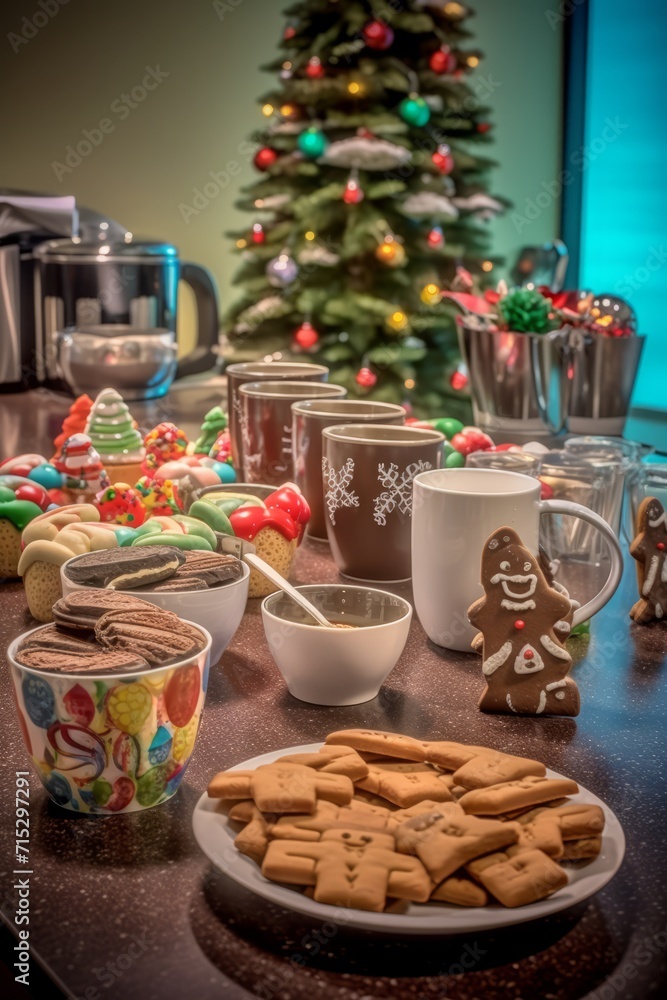 Office break room adorned with a festive hot cocoa station, gingerbread cookies, and holiday treats, Generative AI