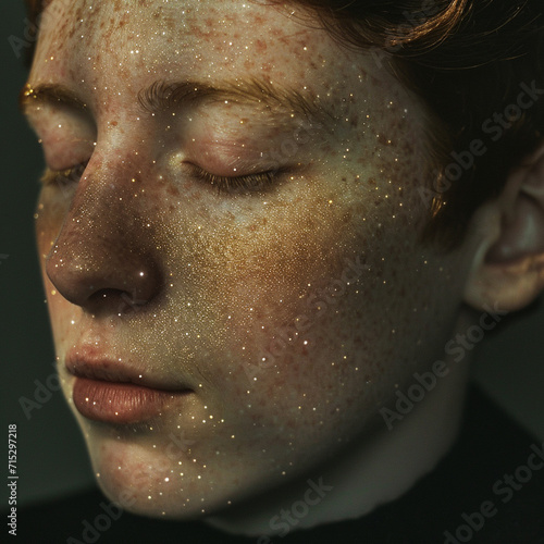 A depiction of a person with unique constellation-like freckle patterns across their cheeks.