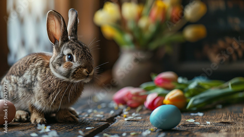 A domestic rabbit sits among colored Easter eggs and tulips on a rustic wooden surface, symbolizing the Easter holiday