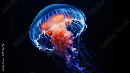 Bioluminescent jellyfish floating with tentacles trailing in deep blue ocean water, displaying natural marine life beauty