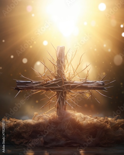 cross made of wood and crown of thorns, illuminated with sunlight, blurred background - generative ai