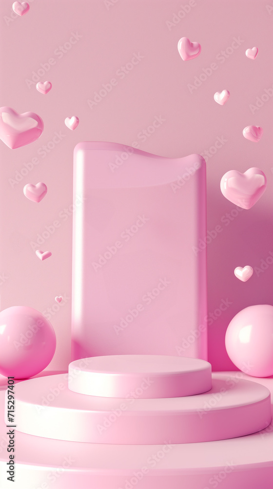 3D rendering of a romantic pink display podium with floating hearts, suitable for Valentine's Day product presentation 3D rendering of a romantic pink display podium with floating hearts, suitable for Valentine's Day product presentation