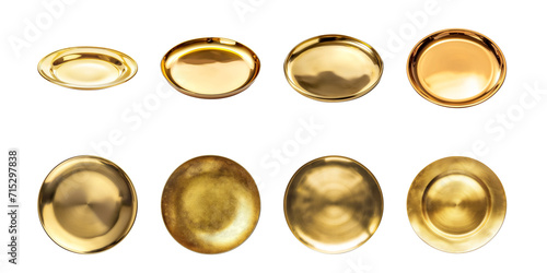 Eight variously shaded gold plate designs isolated on transparent background, luxury tableware concept