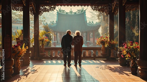the couple paying respects at a historic temple. Early morning light casts serene shadows photo