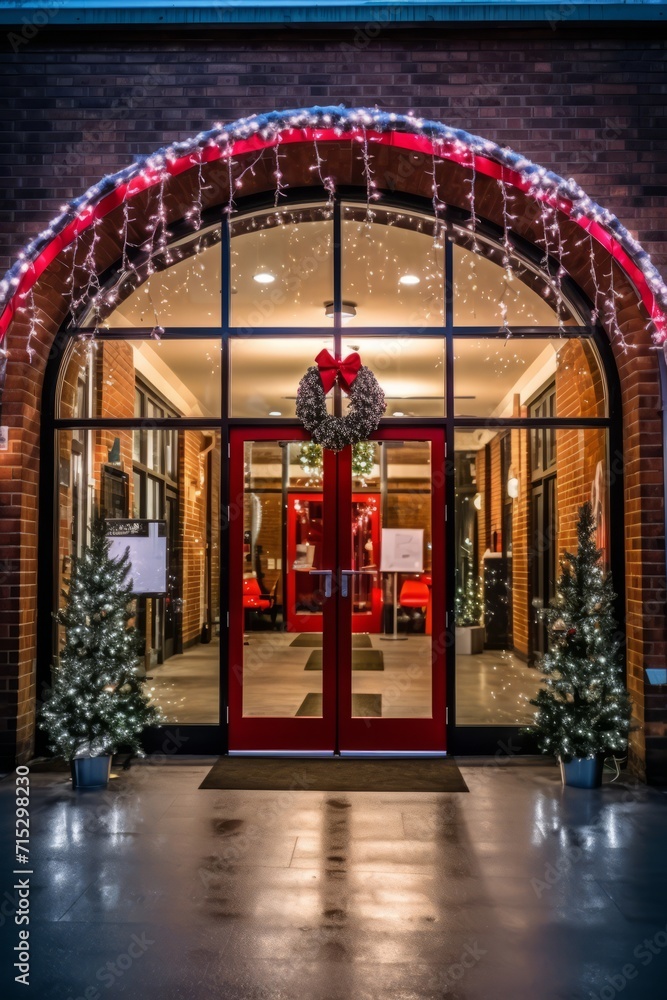 Office entrance decorated with a grand Christmas archway, welcoming employees and visitors with festive cheer, Generative AI