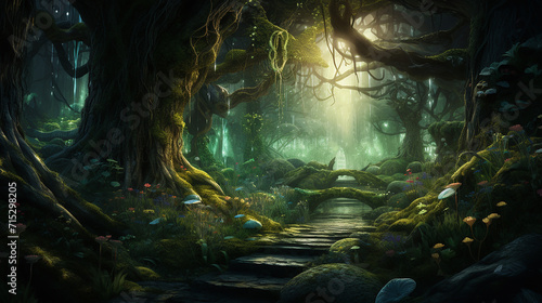 enchanted forest with pathways leading to hidden glades and a sense of adventure and mystery photo