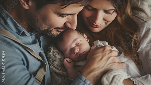 Highlight the tenderness of a family providing comfort sleeping and cuddles to their newborn photo