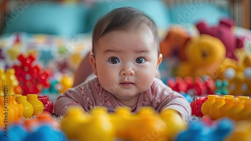 close-up shot of the baby's hands interacting with the toys