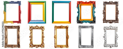 A collection of empty ornate picture frames featuring various colors and styles isolated on a transparent background, suitable for art and interior design concepts