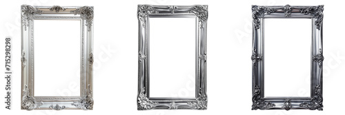 Set of three vintage ornate silver picture frames isolated on transparent background, intricate design, empty for art display or gallery concept photo