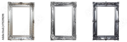 Set of three vintage ornate silver picture frames isolated on transparent background, intricate design, empty for art display or gallery concept