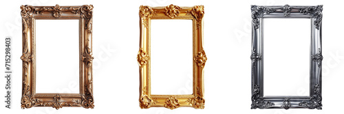 Three elegant vintage picture frames in bronze, gold, and silver finish isolated on a transparent background, suitable for gallery, interior design, or artistic concepts