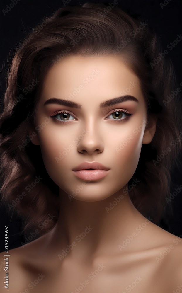Young beautiful woman with brown eyes, brunette hair, healthy and flawless skin. Close up face beauty portrait. Studio photography for skincare, cosmetic or salon promotions Young beautiful woman with brown eyes, brunette hair, healthy and flawless skin. Close up face beauty portrait. Studio photography for skincare, cosmetic or salon promotions