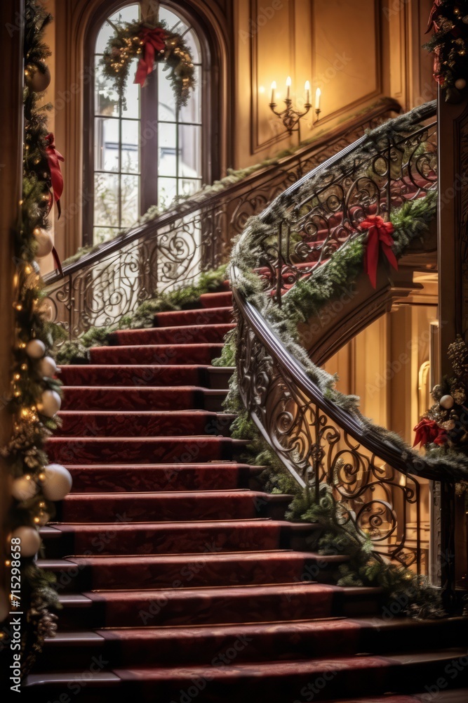 Office staircase adorned with garlands, ribbons, and a grand bannister Christmas display, Generative AI
