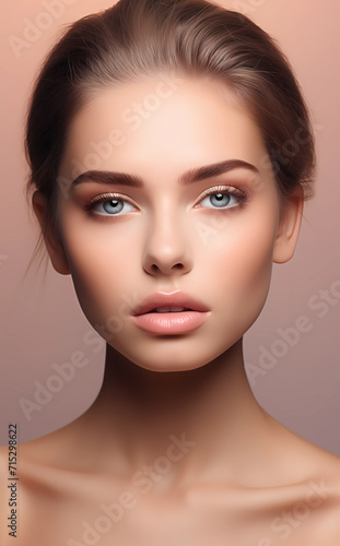 Young beautiful woman with blue eyes, brunette hair, healthy and flawless skin. Close up face beauty portrait. Studio photography for skincare, cosmetic or salon promotions
