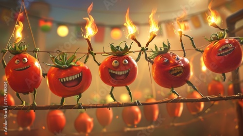 Cartoon scene A daring tomato performer balances precariously on a tightrope while juggling flaming torches causing the rest of the tomato troupe to cower in fea photo
