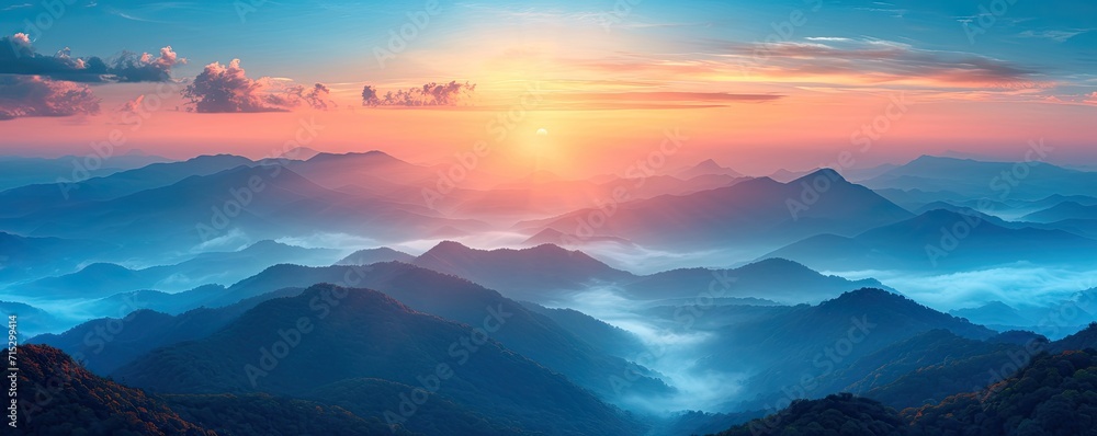 Mountain forest landscape enveloped in fog capturing essence of nature and hills travel into misty outdoors during morning beauty and scenery merging in trees with view foggy autumn sky over valley