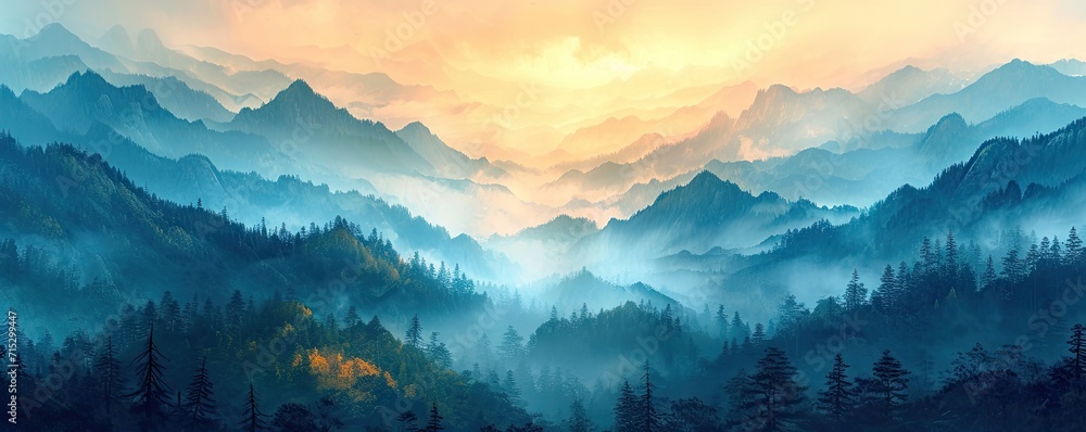 Mountain forest landscape enveloped in fog capturing essence of nature and hills travel into misty outdoors during morning beauty and scenery merging in trees with view foggy autumn sky over valley - obrazy, fototapety, plakaty 
