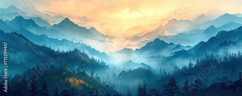 Mountain forest landscape enveloped in fog capturing essence of nature and hills travel into misty outdoors during morning beauty and scenery merging in trees with view foggy autumn sky over valley © Thares2020