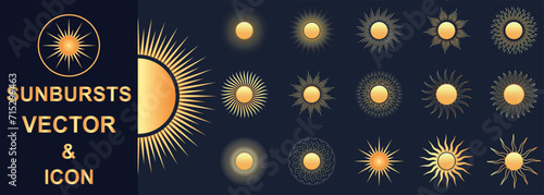 Retro gold Sun burst shapes. Vintage light starburst logo, labels, badges. Sunburst design elements collection. Vector firework design elements. Hand drawn set of golden Sun, sunburst, light rays  photo