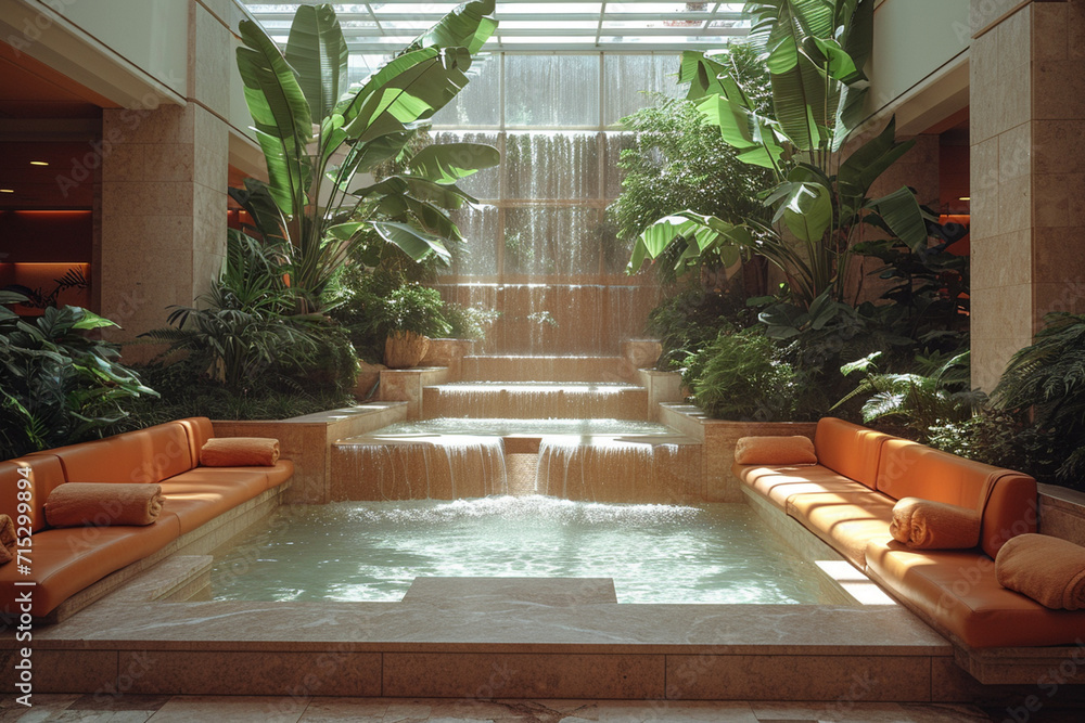 A depiction of a spa waiting area with plush seating, soothing colors, and serene water features.