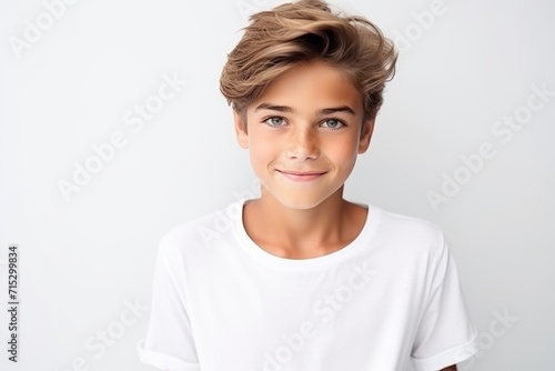 Portrait of a cute young boy with blond hair on a white background