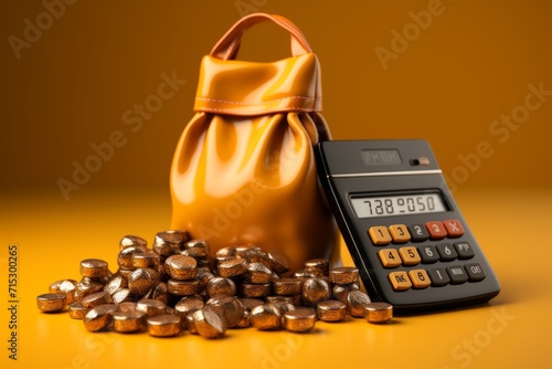 Calculator and Money Bag Icons, on an isolated Mustard Yellow background, Generative AI