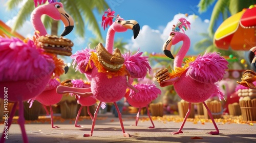 Cartoon scene of silly flamingos in zany costumes doing the macarena with their long pink legs while munching on churros at the fiesta photo