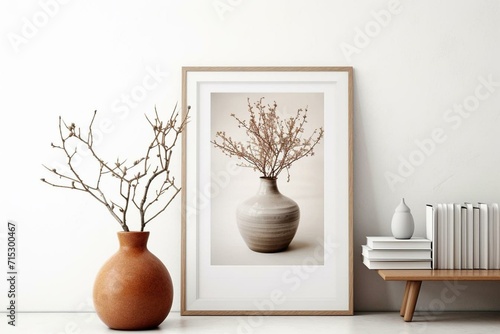 Mock framed poster on white wall background with vase decoration. Generative AI