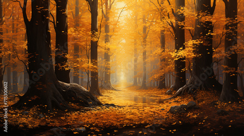 a serene depiction of an autumn forest with leaves in mid-fall, bathed in golden sunlight