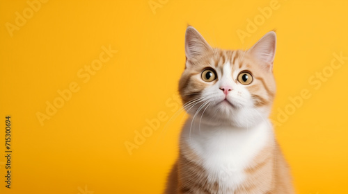 Funny ginger cat on the yellow background with copy space