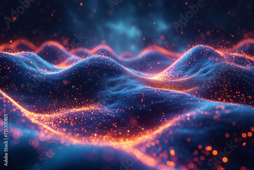 An illustration of a quantum field  represented by a dynamic  flowing 3D terrain of energy and particles.