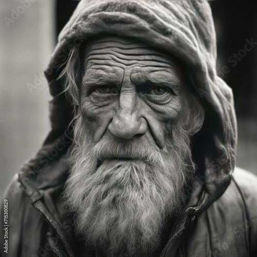 Black and white portrait of an old man. The problem of homeless people