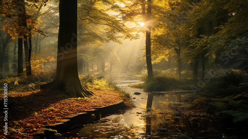 a serene depiction of an autumn forest creating a peaceful and reflective atmosphere © Aura