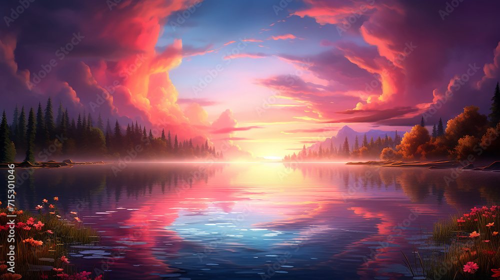a serene landscape generated by AI, showcasing a perfect sunrise over a tranquil lake