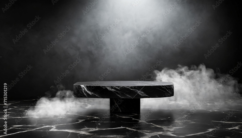 Shadowed Serenity: Black Stone Floor with a Podium in a Smoky Ambiance