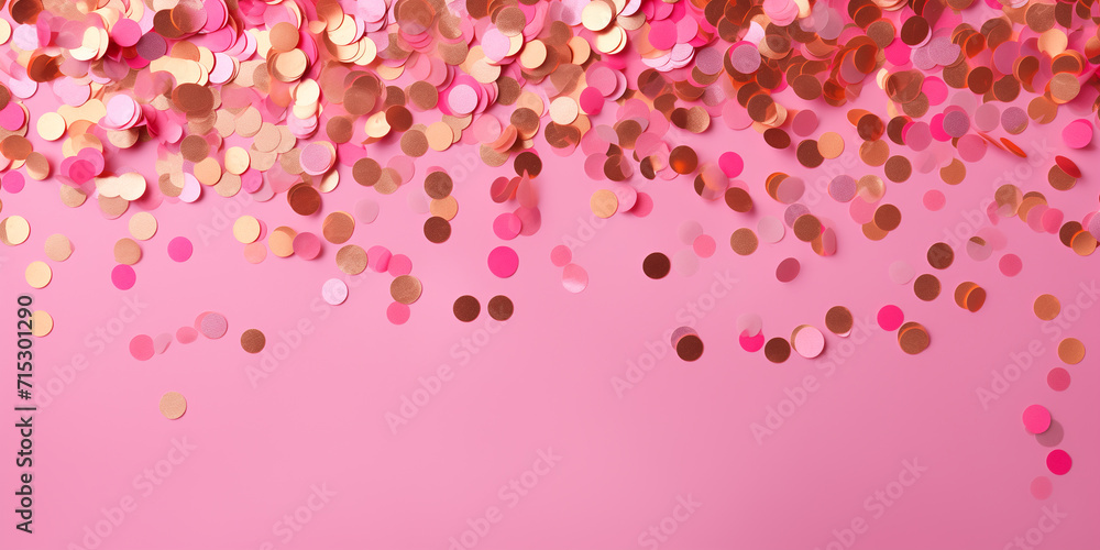 Obraz premium Festive design with copy space, metallic glitter foil confetti on pink.