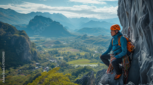 Climber pauses on steep rock wall above lush valley, Mountain climber sorts material on multi pitch climbing route, Climber pauses on steep rock wall above lush valley, 4K, Lifestyle, activities 