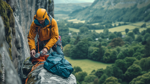 Climber pauses on steep rock wall above lush valley, Mountain climber sorts material on multi pitch climbing route, Climber pauses on steep rock wall above lush valley, 4K, Lifestyle, activities  © Sweetrose official 