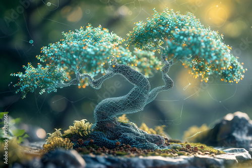 An illustration of a 3D bonsai tree, with pixelated leaves and a wireframe structure.